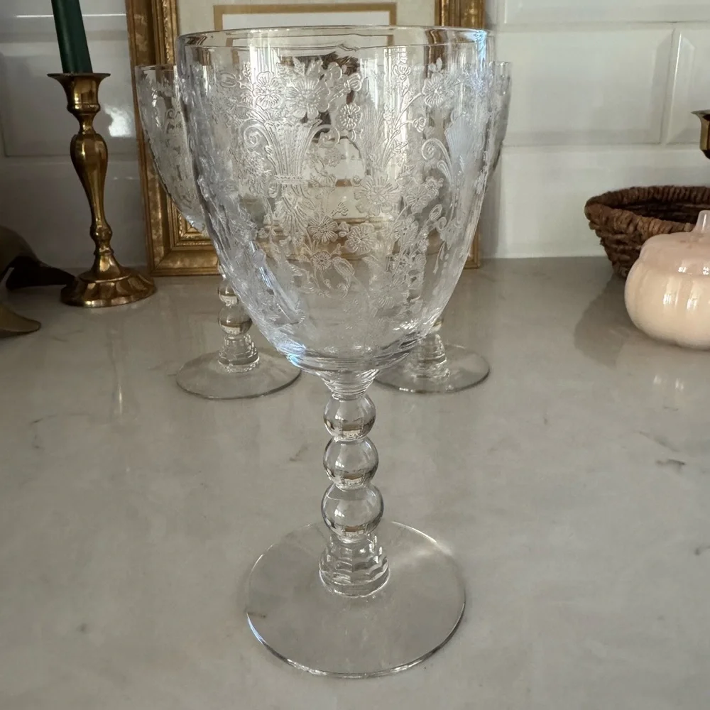 Duncan&Miller First Love Wine Goblet 6 3/4” Vintage Floral Etched Set of 3 - Picture 4 of 10